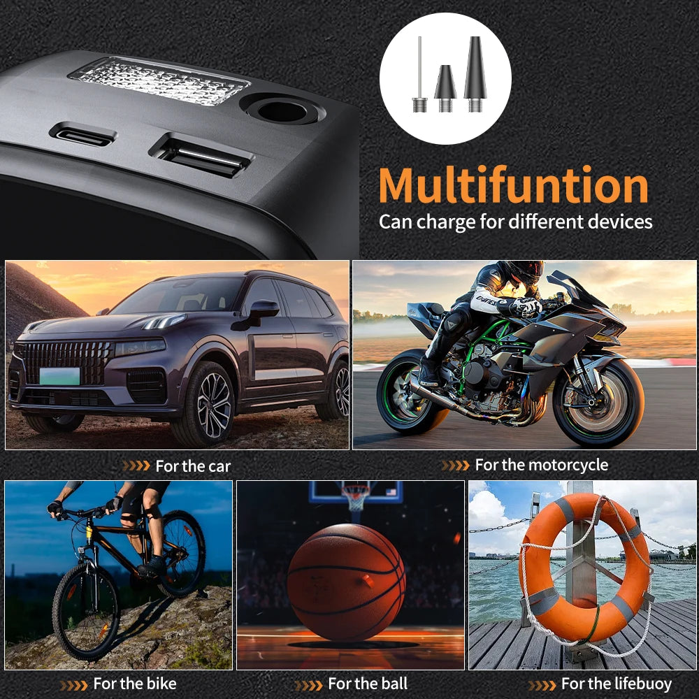 Gonfleur Portable Rechargeable — Voiture, Moto, Vélo, Ballon